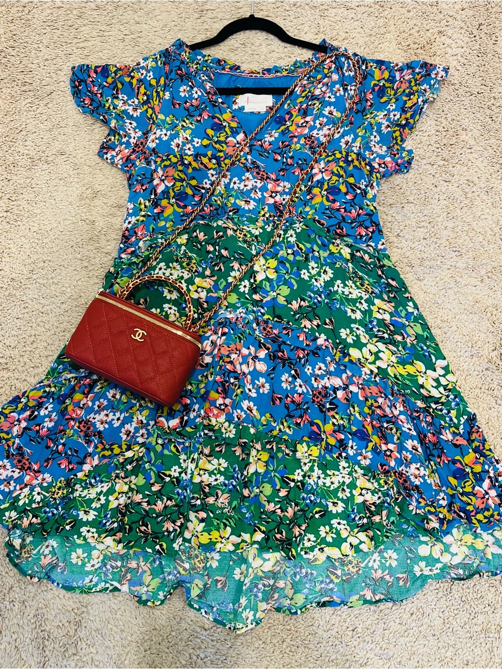 Anthropologie Blue Floral Sundress with Pink and Yellow Accents S-M